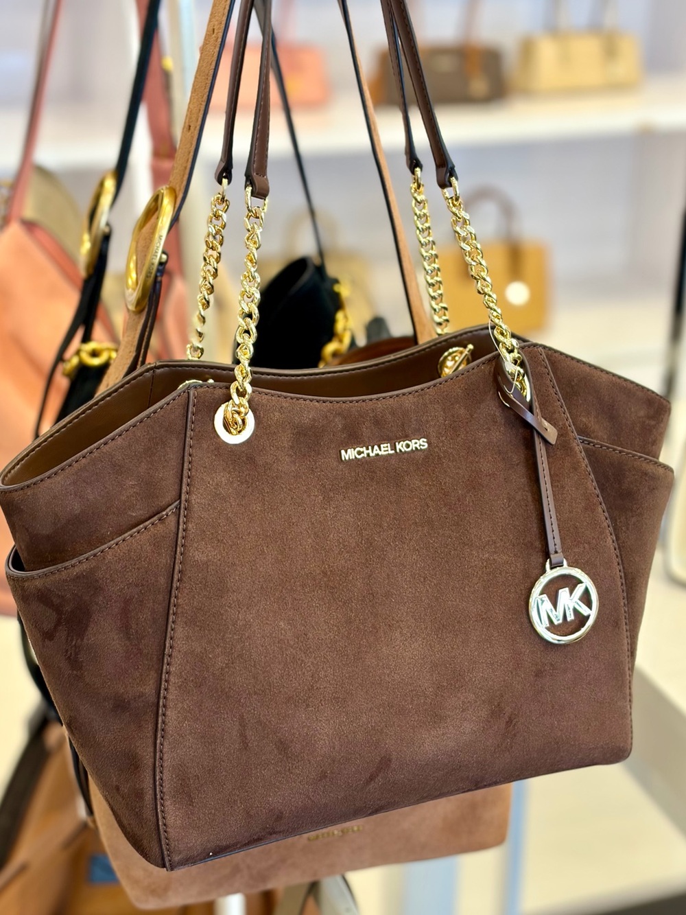Michael Kors Chocolate Brown Suede Jet Set Travel Chain Tote Shoulder bag - Picture 9 of 13